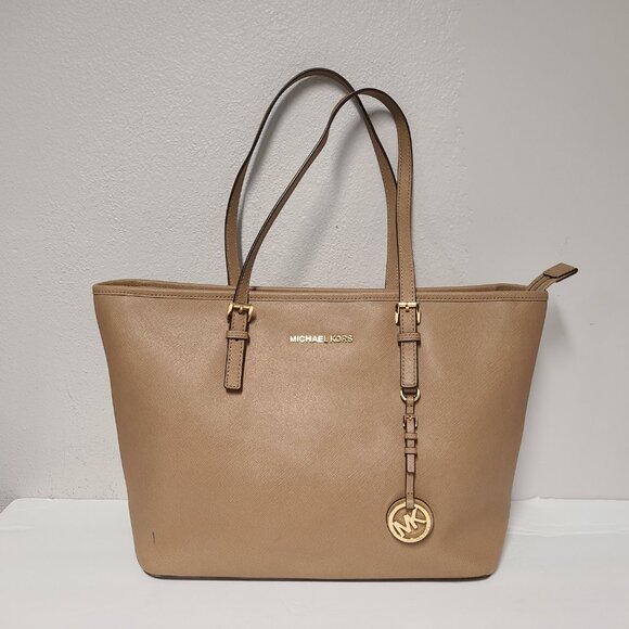Michael Kors Large Jet Set Saffiano Leather Tote Handbag Purse Brown Top Zip - Picture 1 of 9
